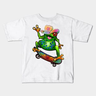 Frog - Peace sign tie dye Kawaii Froggy Skateboarding Cute Frog Texas cowboy hat Funny toad toads amphibian tadpole Green Red eyed tree frogs rain forest Lizard dragon zoology gift frog Kids T-Shirt